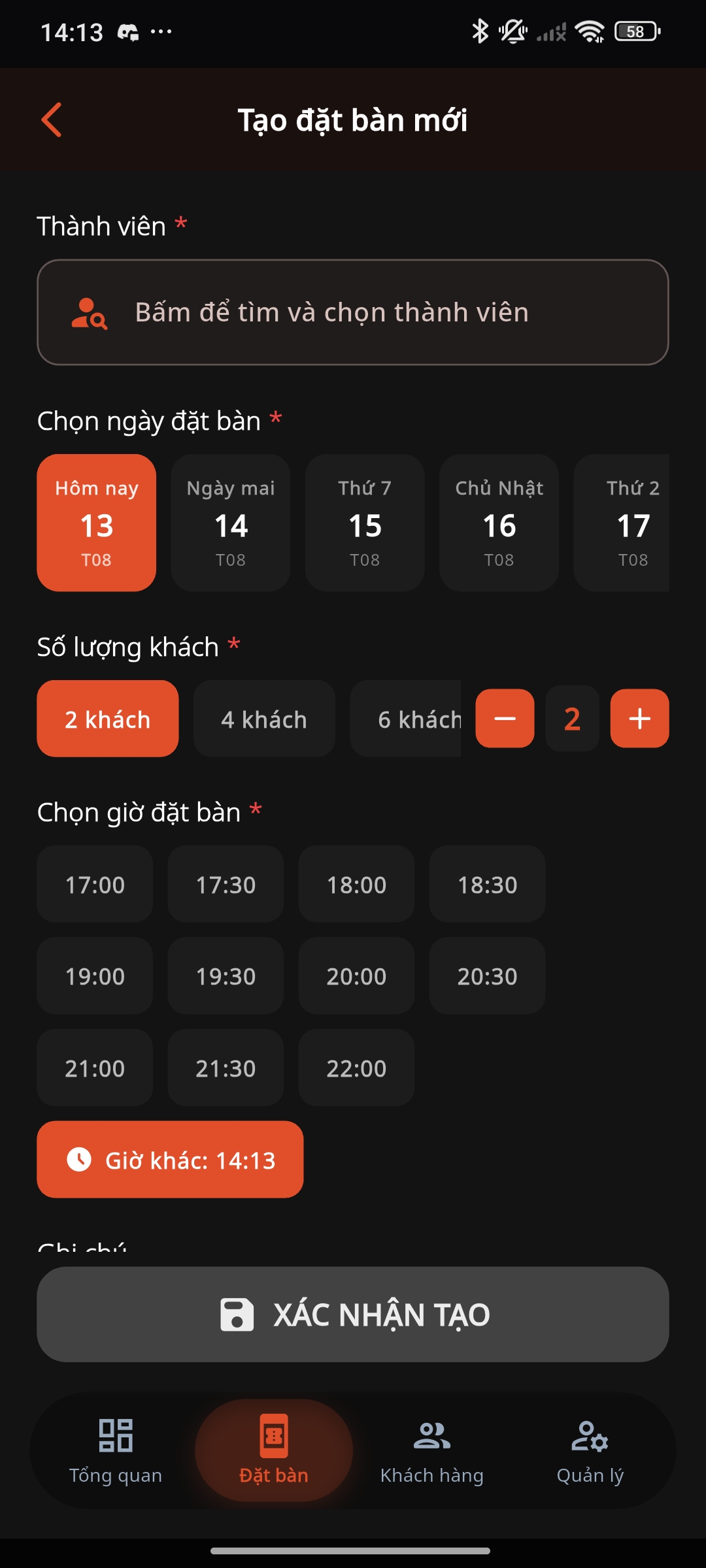 Tạo đặt bàn mới