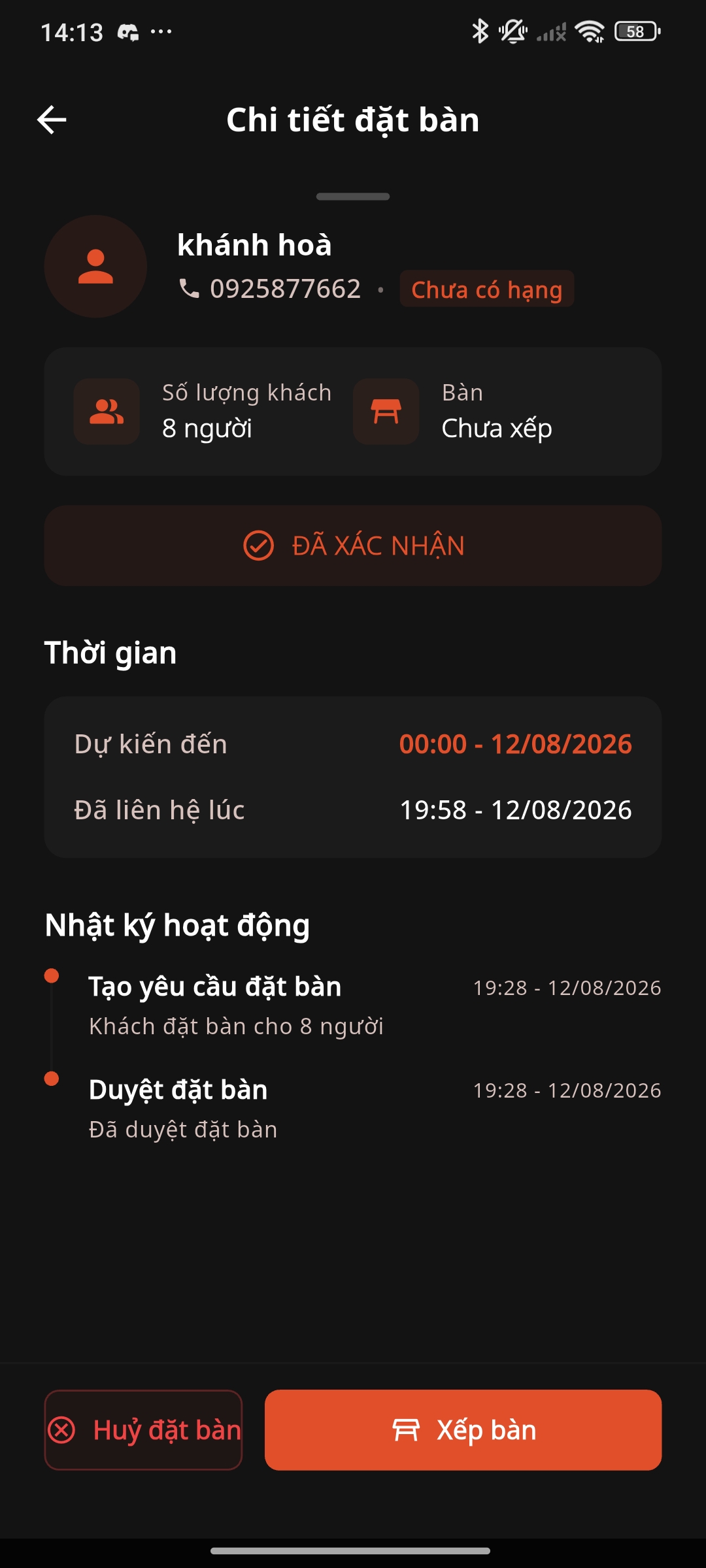 Chi tiết đặt bàn