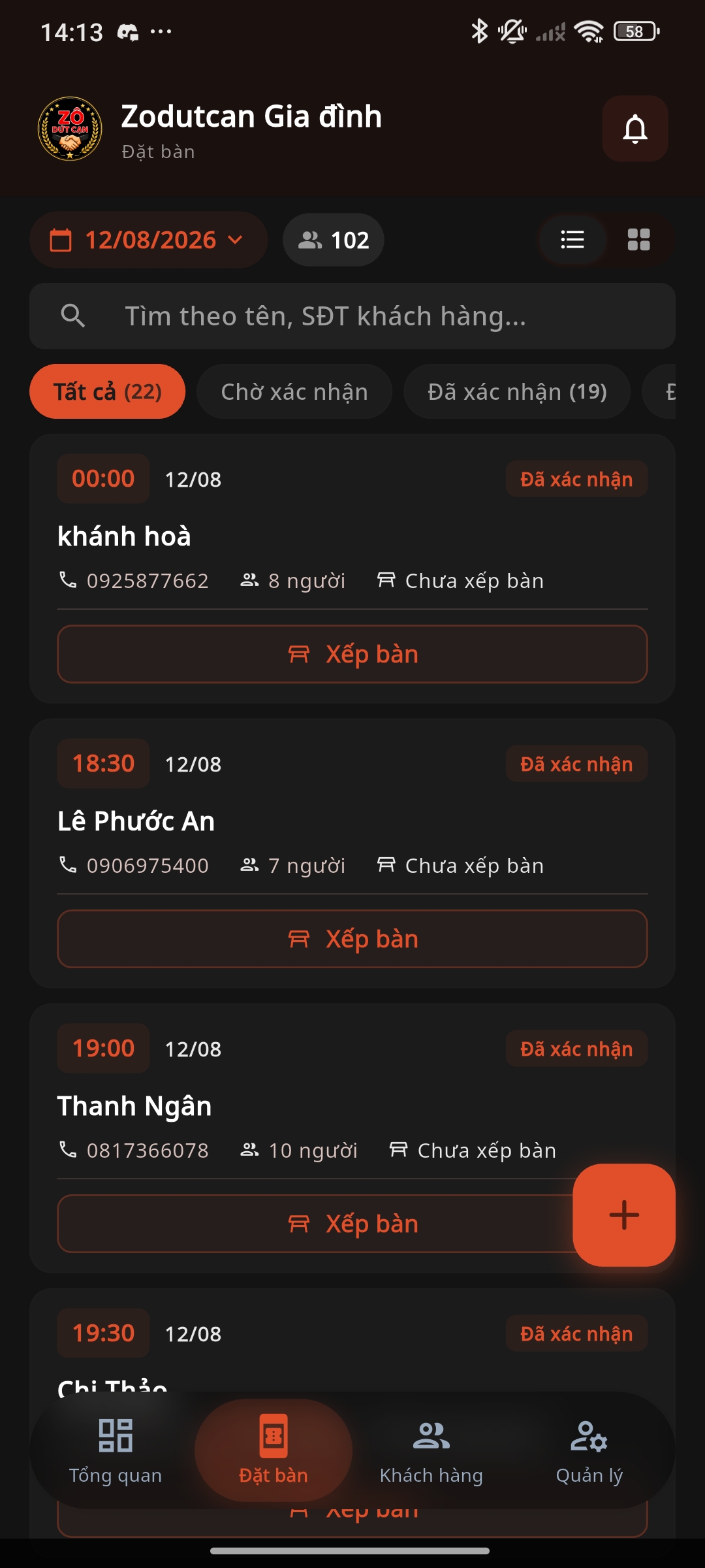 Danh sách đặt bàn